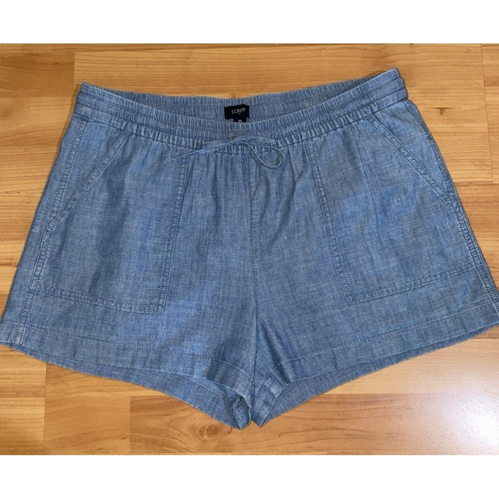 J Crew Factory Blue Chambray Elastic Waist Cotton Shorts Womens Size M Pockets